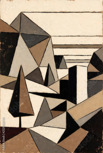 Abstract Cubist Coastal Landscape Painting with Geometric Shapes and Bold Colors