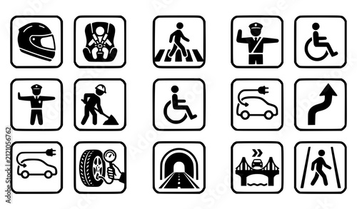 Set of road safety pictograms including helmet, car seat, crosswalk, traffic officer, wheelchair, electric vehicle, tunnel and bridge