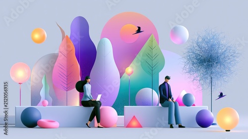 Two diverse individuals working remotely in a whimsical abstract landscape with soft gradient lighting and organic shapes