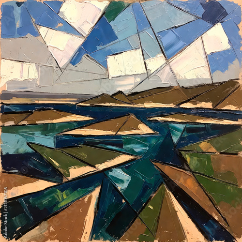 Abstract Cubist Coastal Landscape Painting with Geometric Shapes and Bold Colors