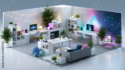 Modern co-working space with dual workstations and festive string lights during a vibrant neon glow concept