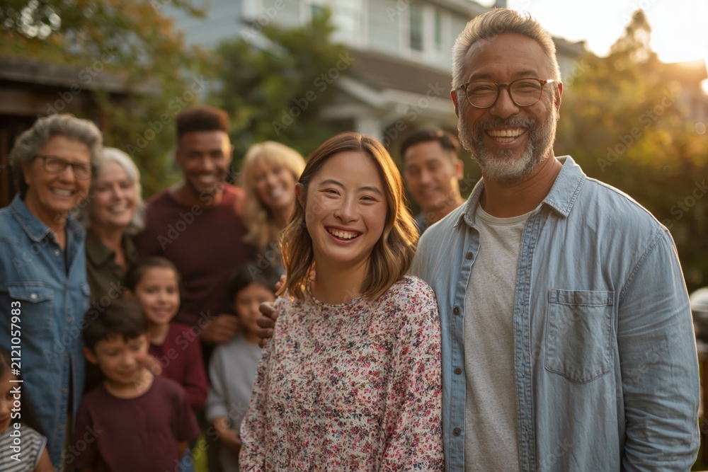 Obraz premium Multigenerational family gathering in sunlit suburb with children and adults celebrating together on a warm afternoon
