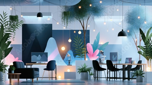 Modern office interior with biophilic design elements and ambient lighting