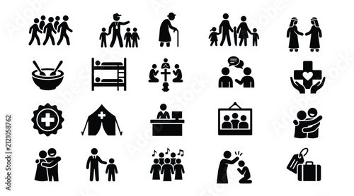 Community and Pilgrim Fellowship Icons Set - Group People Silhouette Vector