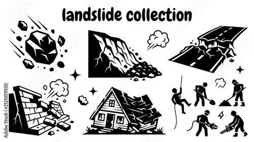 landslide disaster elements featuring falling rocks unstable hills collapsed roads damaged houses retaining walls emergency crews warning signs set for engineering safety education