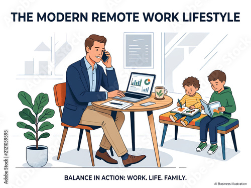 Businessman multitasking at a cafe table with a laptop, coffee, and a phone call, representing the modern remote work lifestyle.And he has kept his young children aside, taking care of them. vector il
