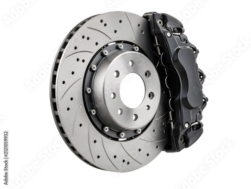 High performance car brake disc assembly. Ventilated automotive rotor with black caliper.
