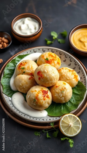 Vada pav with yogurt sauce and leaf base on a plate, crispy buns, golden brown