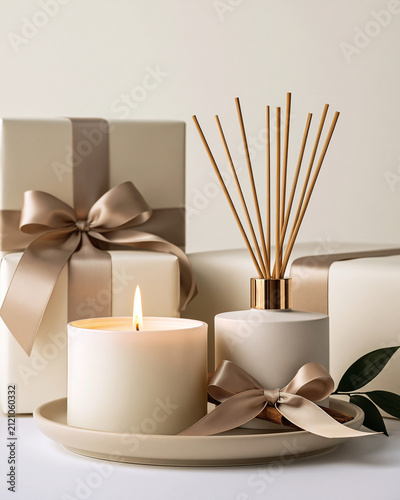 Luxury home fragrance gift set with candle reed diffuser ceramic tray and neutral wrapping showcasing Black Friday holiday gifting