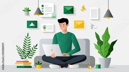 Young man working on laptop with digital icons and plants in a bright organized home office environment during daylight