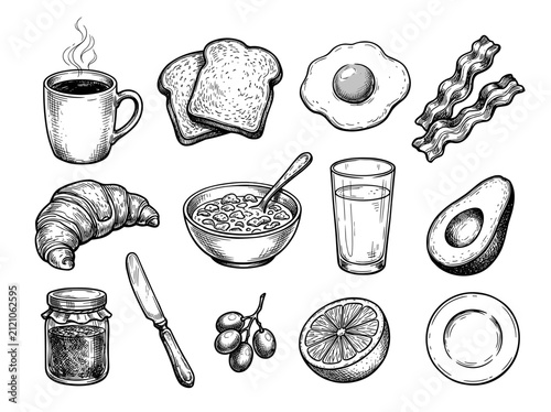 Breakfast food set doodle sketch vector illustration, hand drawn black ink isolated elements