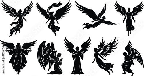Angel silhouette vector illustration set with winged figures in prayer, flying, and standing poses for spiritual design use