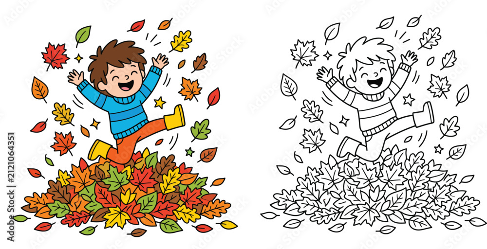 Fototapeta premium Cartoon boy jumping into a pile of autumn leaves