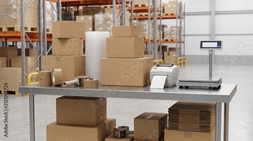 Order Fulfillment Packing Station With Cardboard Boxes Label Printer Scale And Packaging Supplies