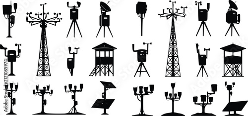 Bild auf Leinwand Collection of weather station and meteorological equipment silhouettes Keywords: