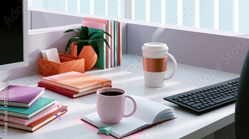 Modern office desk with books hot coffee and plant during morning light for productive work concept