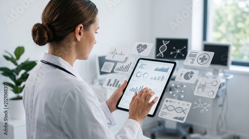 Female doctor analyzing patient data on tablet with holographic medical icons, digital health technology in modern clinic environment for healthcare innovation and telemedicine