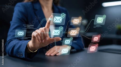 Email security management interface showing inbox messages with shield protection icons, digital communication system filtering spam and viruses for safe corporate networking