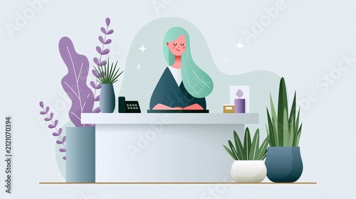 Calm woman at reception desk with plants during a peaceful day with soft lighting