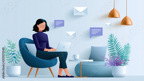 Woman working on laptop in a modern minimalist home office with digital communication icons floating around