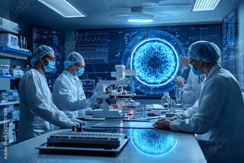 selective focus isometric high-tech laboratory with robots and digital interfaces