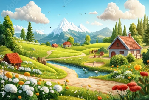 selective focus charming isometric countryside village with cottages gardens and village well
