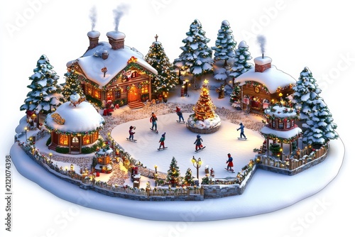 selective focus isometric snowy village with decorated houses and people skating