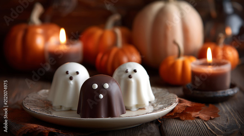 Ghost-shaped chocolate treats sit on a decorative plate, set against a festive background with pumpkins and burning candles. Halloween Festive concept