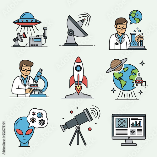 Set of Four Flat Design Icons Representing Various Concepts