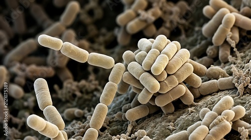 Ultra realistic microscopic photograph of Lactobacillus bacteria highly detailed rod shaped probiotic bacteria arranged in short chains and compact clusters scientifically accurate microbiology visual