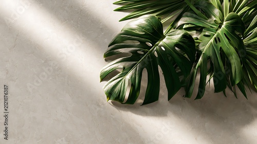 Monstera leaf on light gray background with shadows