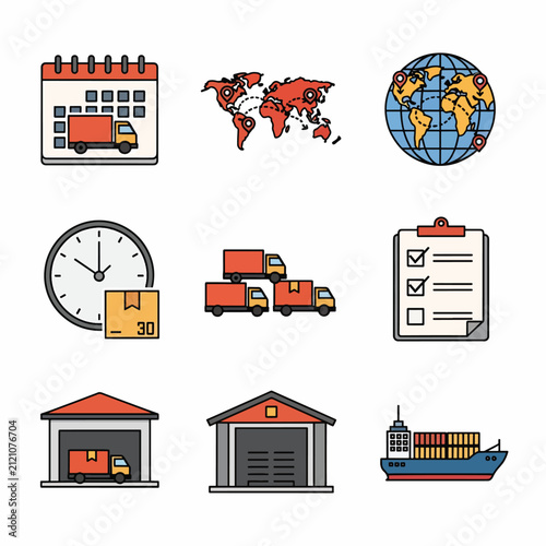 Global logistics and transportation icons for shipping and supply chain