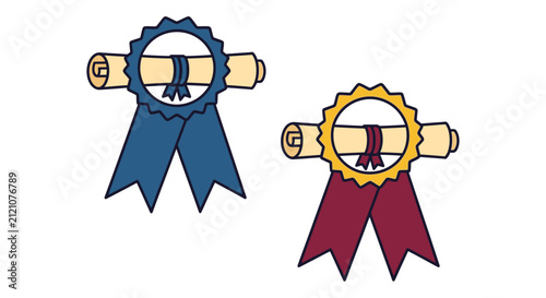 Two Award Ribbons with Scrolls, Blue and Gold, Symbolizing Achievement and Recognition