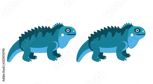 Two Blue Iguanas Side by Side, Cartoon Style, Isolated on White Background