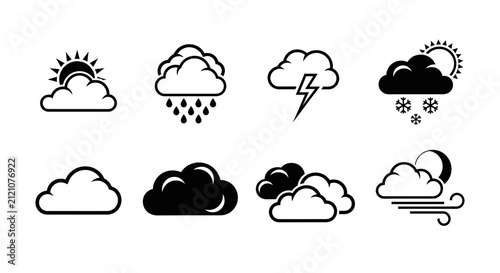 Weather Icons Set: Sun, Rain, Snow, Thunderstorm, Wind, Clouds