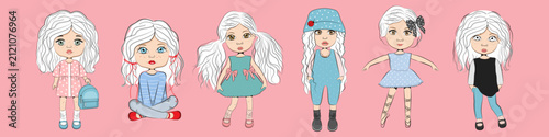 Cute little girls fashion dolls cartoon characters vector illustration