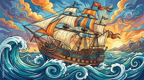 Old sailing ship navigating rough seas at sunset, pixel art style, adventure concept