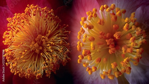 Extreme Close-Up of Two Distinct Flower Stamens with Vibrant Colors and Textures