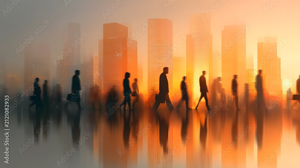 Fototapeta premium Urban Business Professionals Commute at Sunrise with City Skyline
