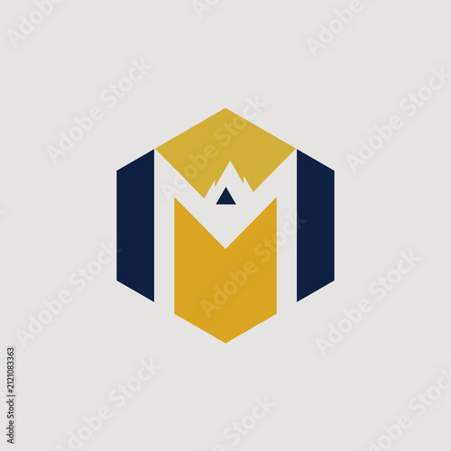 Geometric Hexagon Shield Logo with Golden Mountain Peak Letter M Design