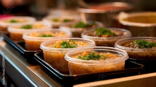 Rows of clear plastic containers filled with steaming soup and garnished with fresh herbs on black trays