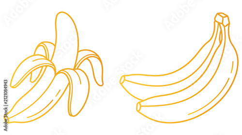 Outline drawing of a peeled banana and a bunch of bananas on white background.