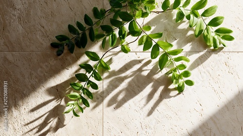 green leaves on tile floor with sunlight and shadows