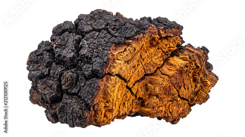 Chaga mushroom chunk for herbal medicine. Wild birch conk fungus with black crust. Raw inonotus obliquus for health supplements. isolated PNG with Transparent Background