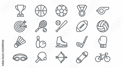 Athletic gear icons present a diverse array of equipment for team sports and individual physical training activities.