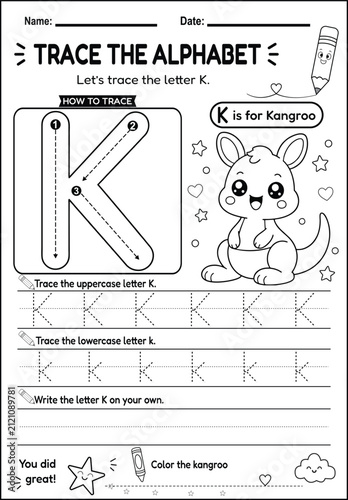 Printable Letter K alphabet tracing worksheet featuring uppercase and lowercase practice, stroke order, a cute kangaroo coloring page, and handwriting activities for preschool, kindergarten.