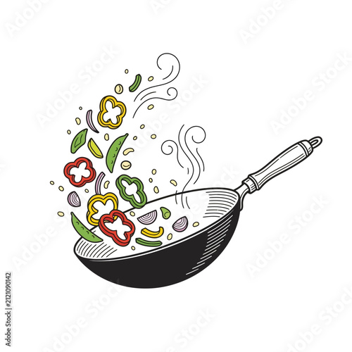 Hand Drawn Wok Stir Frying Fresh Sliced Vegetables in Motion