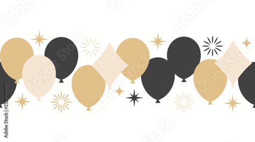 Balloons and stars create a festive border design in elegant black and gold color palettes.