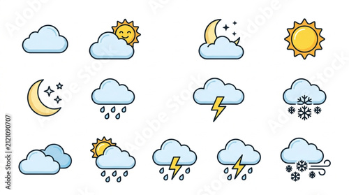 Colorful Weather Icons Set with Sun Clouds and Moon.