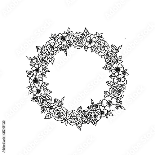 The Image Is A Black And White Line Drawing Of A Wreath Made Up Of Flowers